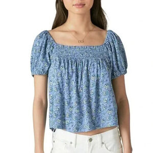 Lucky Brand Blue Floral Smocked Top